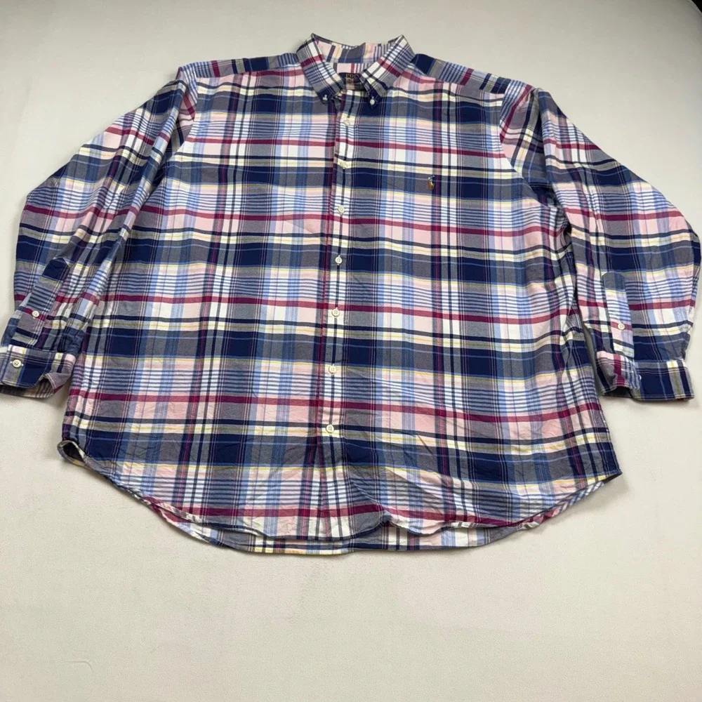 Polo Ralph Lauren‎ Mens 2XB Big Plaid Button Down Shirt Blue Pink Yellow Cotton